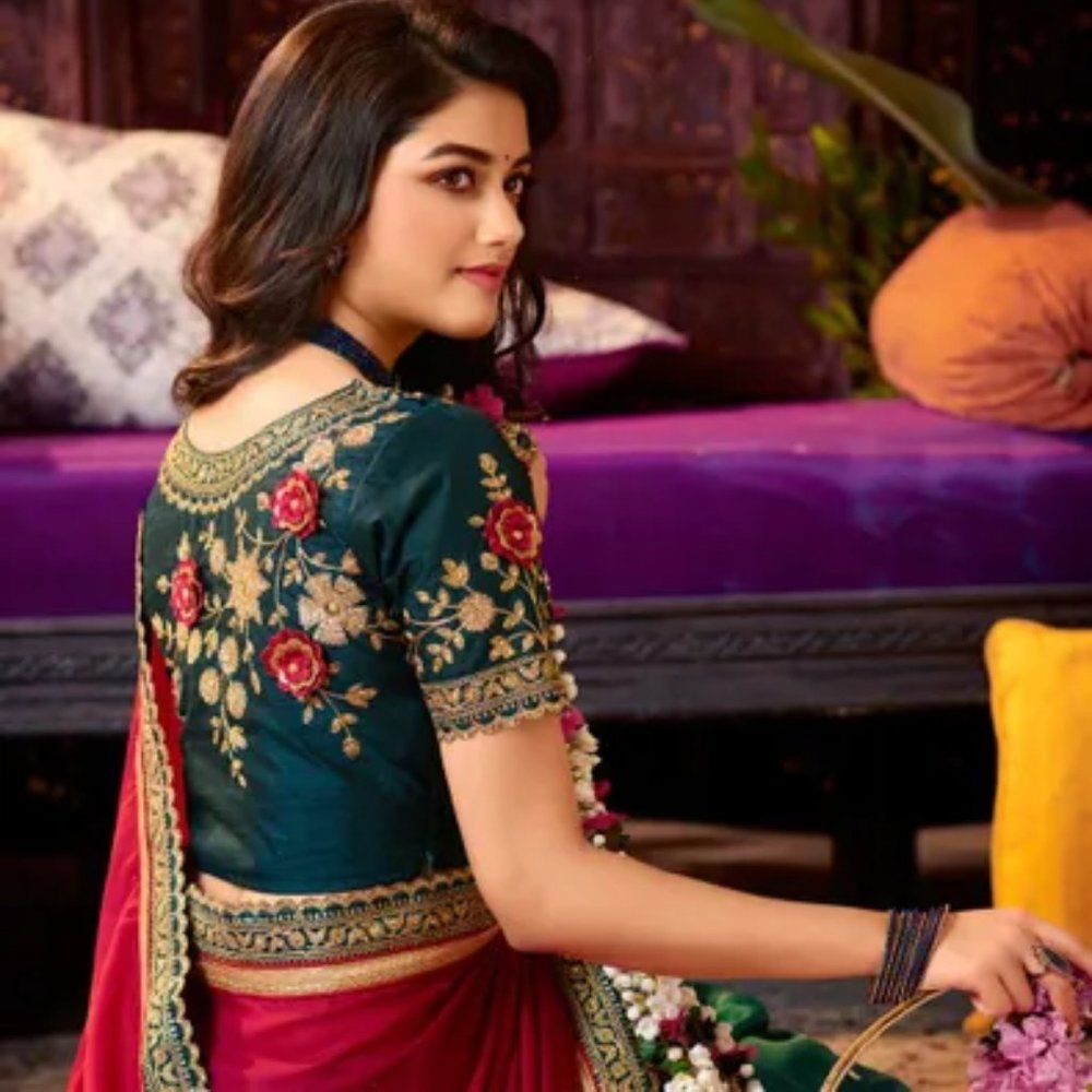 Wedding Guest Saree in Blue Pink Gold Floral - Picture 4 of 11